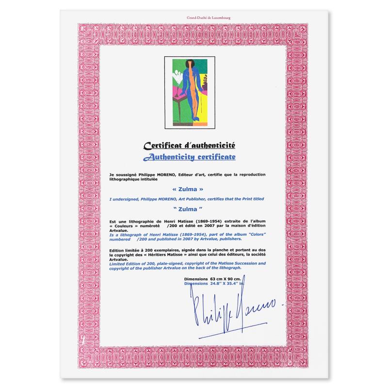 Henri Matisse (After) "Zulma" Limited Edition Lithograph